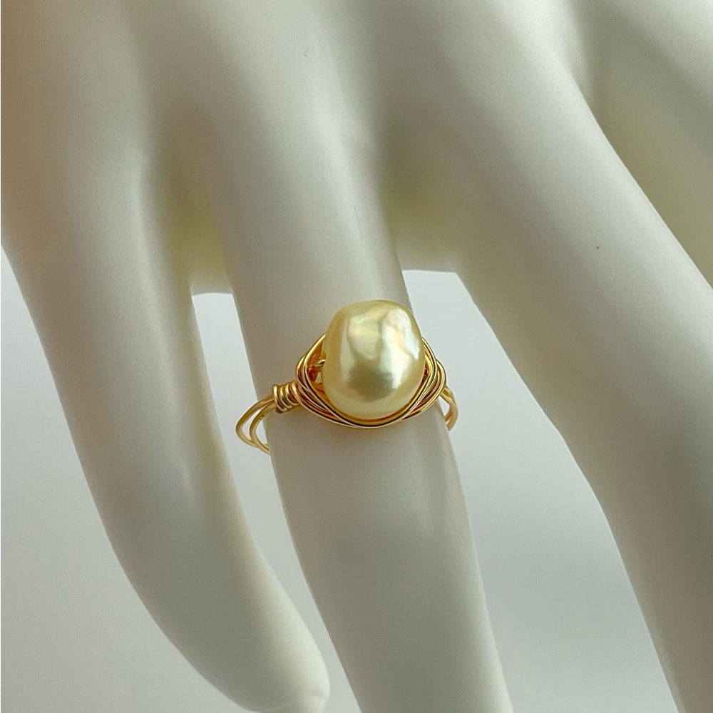 Butter Yellow Pearl Ring Artisan Handmade, Wire Wrapped